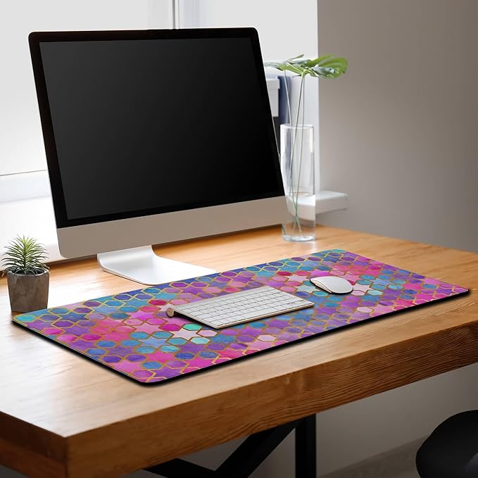 Large Desk Pad Purple Pink Full Desk Mat, Keyboard Gaming Mouse Pad Women Office Decor Big Mousepad, Cute Desk Mat Non-Slip Rubber Base, 35.4" X 15.7" for Work/Game/Office Watercolor Abstract