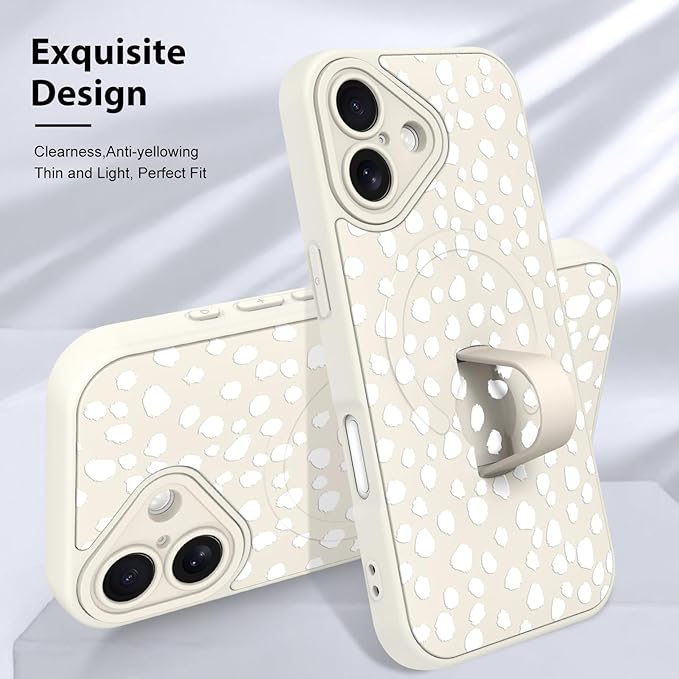 KANGHAR Compatible with iPhone 16 Case, Support for MagSafe, Silicone Speck Leopard Cute Pattern, Wristband Kickstand Camera Protection Soft Slim Cover for Girls Women -White