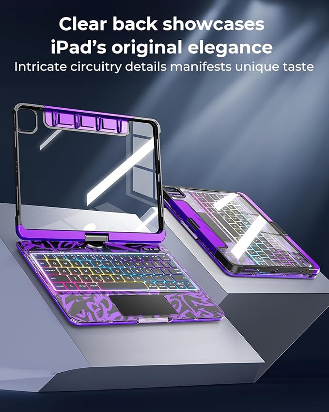 SIBEITU Keyboard Case for iPad Pro 13 Inch (M5 2025 / M4 2024), 360 Rotatable iPad Pro 13 Clear Cover with Multi-Touch Trackpad, 7-Color Backlight & 3 Brightness, High-Tech Visible PCB Design, Purple