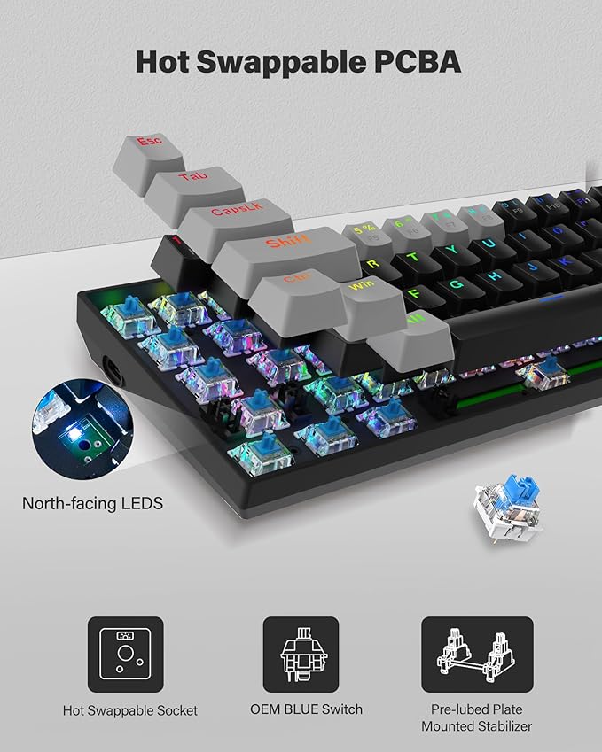 XUANGUI Full RGB Backlit Mechanical Keyboard Clicky Wired Computer Key Board, 65% Cute PC Gaming Keyboards Hot Swappable Rainbow Colorful Light Up Leyboard for Typist and Gamer, Work with Mac PS5 Xbox