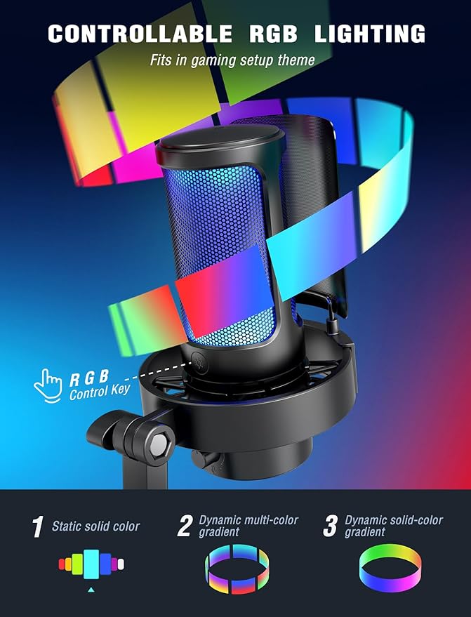 FIFINE Gaming Microphone, USB PC Mic for Streaming, Podcasts, Recording, Condenser Computer Desktop Mic on Mac, with RGB Control, Mute Touch, Headphone Jack, Pop Filter, Stand-AmpliGame A8