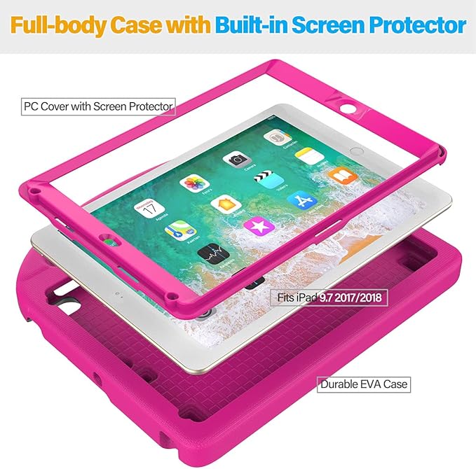 SUPLIK Kids Case for iPad 5th/6th Generation(9.7 inch, 2017/2018), iPad Air 2/1 & Pro 9.7 Case with Screen Protector, Durable Protective Cover with Handle Stand for Apple iPad 5/6 Gen, Pink
