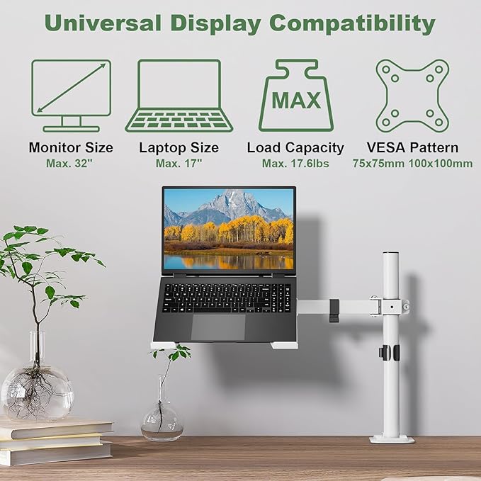 UPGRAVITY White Laptop Desk Mount with Vented Tray for Notebook up to 17 inch, Fully Adjustable Single Laptop Arm Stand Holds up to 17.6 lbs, Clamp on/Grommet Mounting