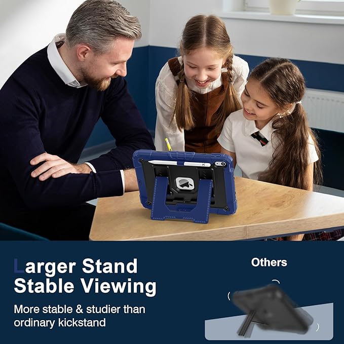 Kids Friendly Case for iPad A16 11th Generation 11 Inch 2025 / iPad 10th Generation 10.9" 2022 Case with Pencil Holder & Shoulder Strap, Hybrid iPad 11 10 Cover Rugged Shockproof Kickstand,Blue+Black