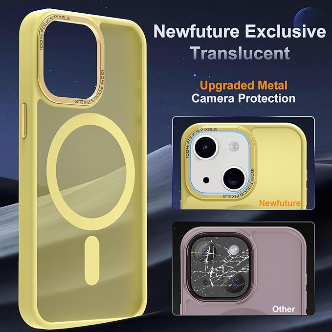 Newfuture Designed for iPhone 13 Case & iPhone 14 Case with Magnetic [13 FT Military Drop Protection] [Compatible with Magsafe] Slim Translucent Shockproof with Anti-Fingerprint Phone Case, Yellow