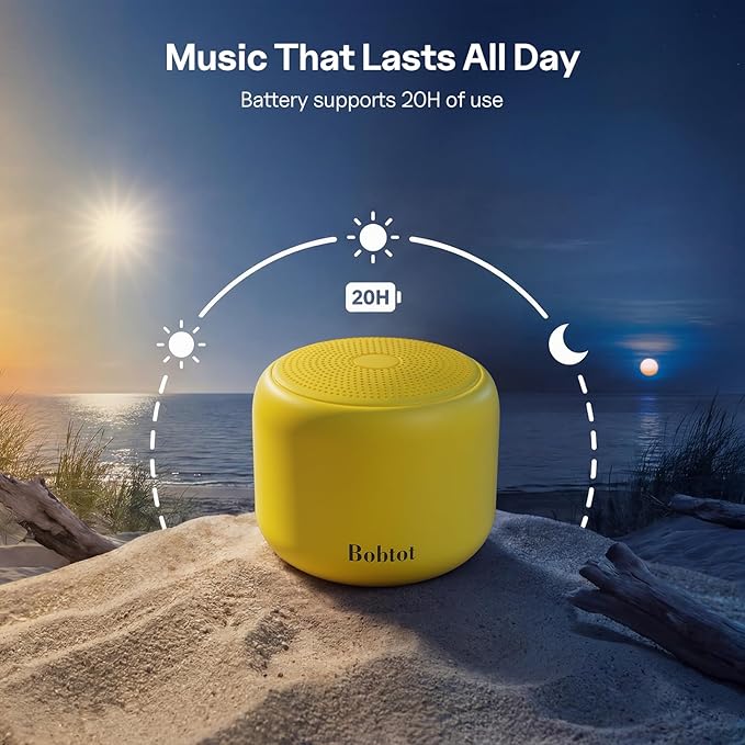 Bobtot Portable Bluetooth Speakers with Strap Easy to Carry, Wireless Waterproof Mini Speaker with Loud Stereo Sound, 20 Hours Playtime, Rechargeable Battery, Built-in Microphone, Yellow