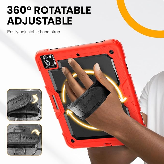 Timecity Protective Case for iPad Pro 12.9 inch 6th/ 5th/ 4th/ 3rd Generation, with Strong Protection, Screen Protector, Hand/Shoulder Strap, Rotating Stand, Pencil Holder - Red