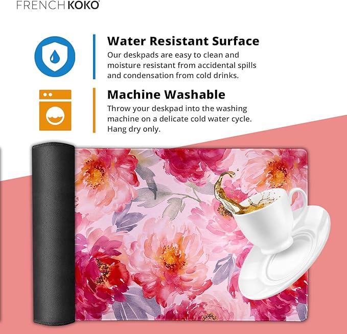French Koko Large Mouse Pad Desk Mat Keyboard Pad Desktop Office School Essentials Decor Big Extended Laptop Protector Computer Accessories Pretty Mousepad Women Girls Watercolor Flower XL 36" x 16.5"
