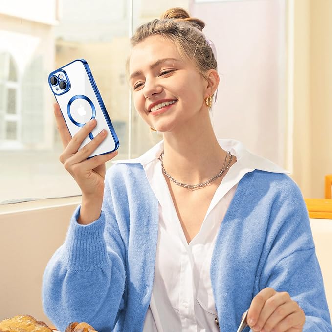 Hython Magnetic Clear for iPhone 15 Plus Case with Camera Lens Protector [Compatible with MagSafe] Luxury Plating Edge Slim Soft TPU Cover Protective Phone Case for iPhone 15 Plus 6.7", Deep Blue