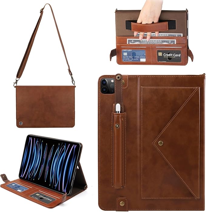 Handbag Case for iPad Pro 12.9-inch (4th/5th/6th Gen) & iPad Air 13" 2025/2024, Techcircle Folio Stand PU Leather Crossbody Wallet Case with Pencil Holder, Hand Strap & Shoulder Strap, Coffee