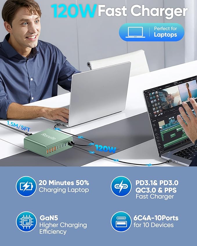 800W USB C Charging Station, 120W PD GaN5 Super Fast USB C Charger Block-10 Port, Type C for PC Laptop MacBook Pro/Air Charger Compatible with iPhone 17 16 15 14 13 12 Pro Max, iPad, Galaxy(Green)