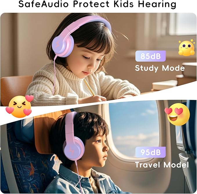 Candy Bila Kids Wired Headphones for Kids with Microphone, 85/94dB Volume Limiter Headphones for Girls Boys, Light Purple