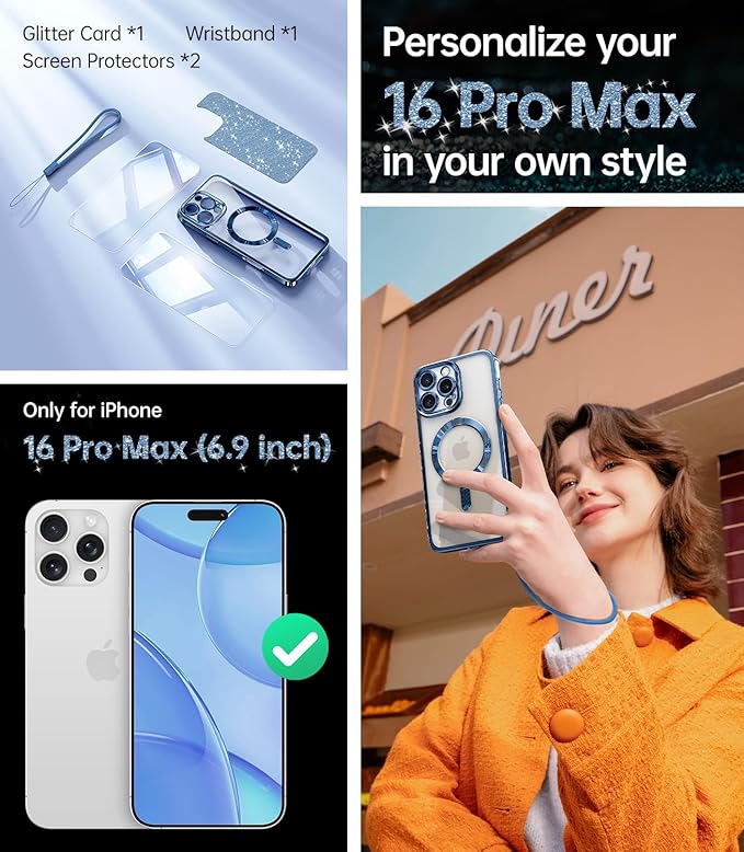 Meifigno Designed for iPhone 16 Pro Max Case 6.9", [Glitter Card & Wrist Strap] [Compatible with MagSafe] [2X Screen Protectors] Surround Lens Protection Designed for 16 ProMax Case, Deep Blue