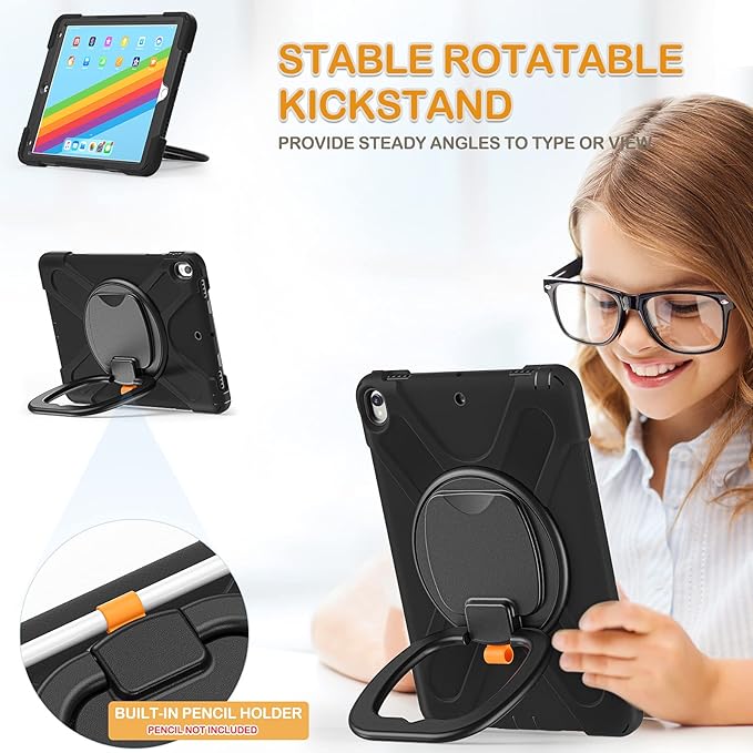 BRAECN Case for iPad Air 3 10.5 2019, iPad Pro 10.5 Case 2017- Heavy Duty Silicone Cover with Pencil Holder,Rotating Hand Grip,Carrying Shoulder Strap,Stable Kickstand Fit for iPad Air 3rd Gen-Black