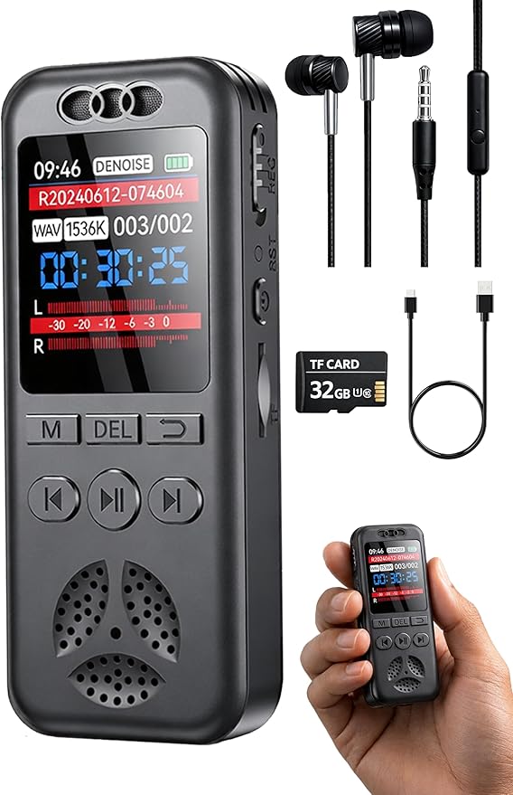 32GB Digital Voice Recorder, Small Voice Activated Recorders with Playback, 1536Kbps Audio, 70dB Noise Reduction, A-B Repeat Recording Device Portable Mini for Lectures, Meetings, Interview etc