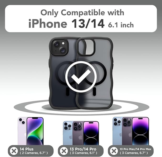 CAPRARO Cute for iPhone 13 Case & iPhone 14 Case, Compatible with MagSafe, [Curly Wave Edge] [Camera Protection] [14 FT Drop Protection] Magnetic for iPhone 13/14 6.1 Inch, Black