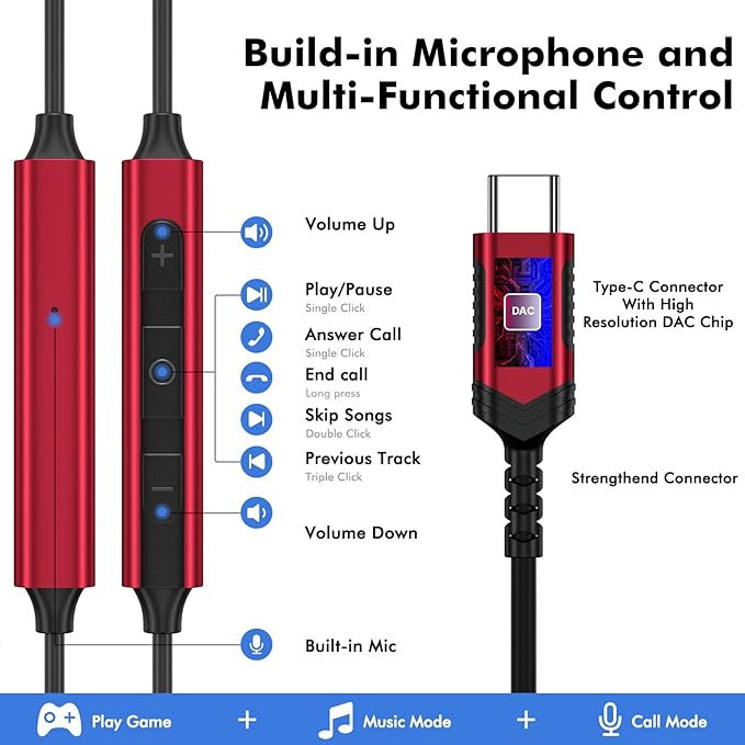 USB C Headphone Type C Earphone Magnetic Wired Earbuds for iPhone 17 Pro Max 16 16e 15 17e for Samsung S26 S25 FE S24 A36 S23 for iPad A16 Pixel 10a 10 9 Noise Canceling in-Ear Headset with Microphone