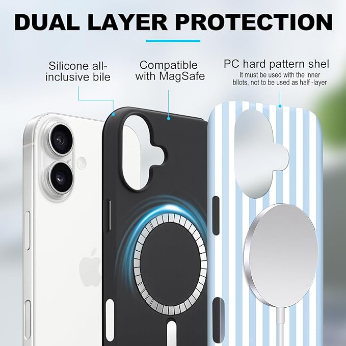Magnetic for iPhone 16 Plus Case Cute Stripes Phone Case, Shockproof Slim TPU and Hard PC Protective Phone Cover Compatible with MagSafe Designed for Women Girls, Blue and White