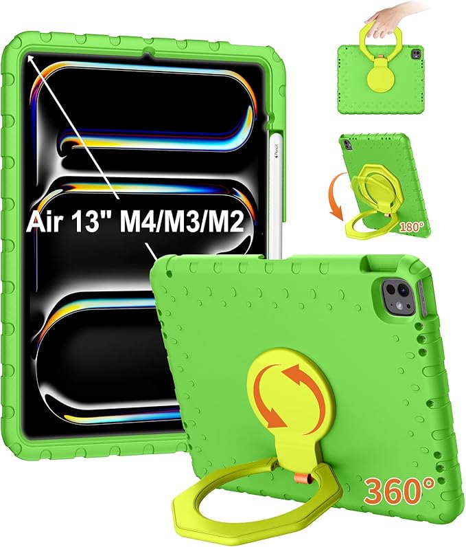 for iPad Air 13 Inch Case (M4 2026 / M3 2025 / M2 2024), Heavy Duty EVA Protective Cover with Magnetic Charging Pencil Holder, 360° Rotating Stand, for Kids, Work & Travel, Green