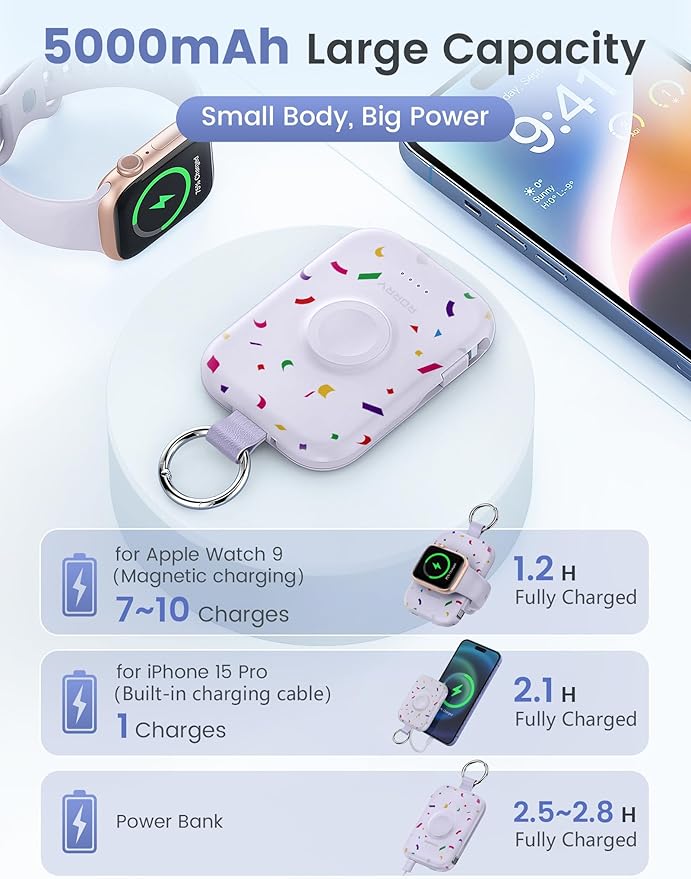 RORRY Portable Charger, 5000mAh Portable Charger Power Bank with Built-in Cables, Travel Keychain Battery Pack for Apple Watch Ultra/11/10/9/8/7/6/SE, iPhone Air/17/16/15/14/13/12, Confetti-Purple