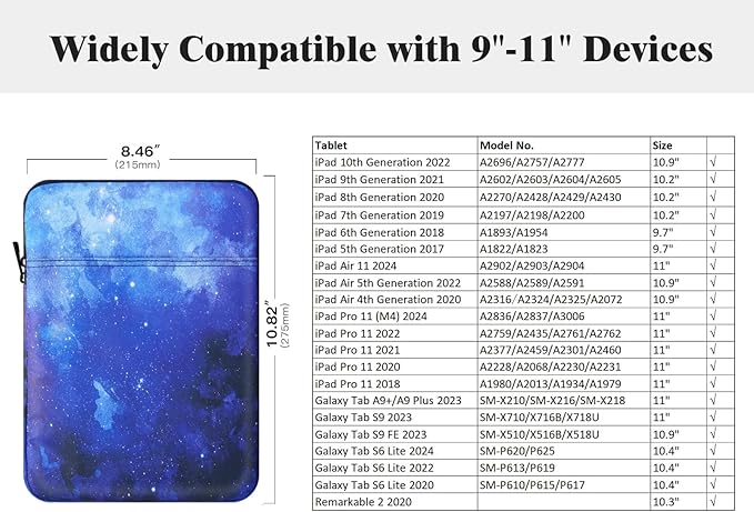 TiMOVO 9-11" Tablet Sleeve Bag for iPad 11-inch A16 2025, iPad 10.9"/10.2"| Air 11 Inch/5th/4th Gen. 10.9", Galaxy Tab A9+/A11Plus 11", Protective Bag Fit Smart Keyboard, Blue Starry Sky