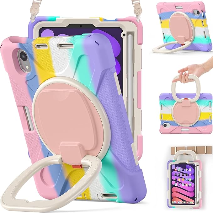 BRAECNstock Kids Case for Apple iPad mini 7 (A17 Pro)/ Mini 6 2024/2021 8.3-Inch Shockproof Protective iPad mini Case with Screen Protector, Rotating Stand, Handle Grip, Pencil Holder, Rainbow Pink