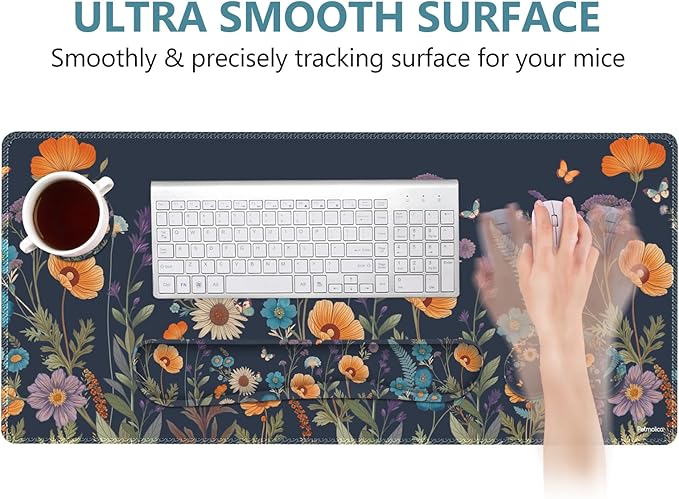 DINKY Desk Mat Keyboard Mouse Pad Set, Large Gaming Mouse Pad +Keyboard Wrist Rest +Mousepad with Wrist Rest +Coaster, Ergonomic Non-Slip 4 in 1 Combo, Flowers Plants Butterflies