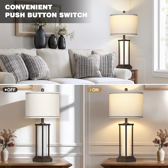 27in Tall Farmhouse Table Lamp Set of 2 with USB C+A & Outlet,Brown Industrial End Table Lamp for Living Room,Vintage Rustic Bedside Lamps with Night Light for Bedroom Nightstand,Brown