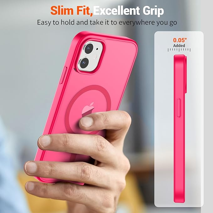 SUPFINE Magnetic for iPhone 12 Mini Case & iPhone 13 Mini Case (Compatible with MagSafe) (Military Grade Drop Protection) Slim Translucent Matte Shockproof Phone Cover,Hot Pink