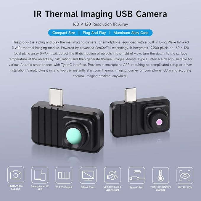 Waveshare Smartphone Infrared Thermal Imaging Camera, Type-C Port, Plug-and-Play, 160×120 Pixels, 88° Field of View, with Aluminum Alloy Case