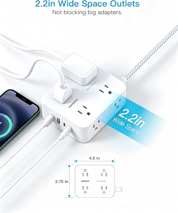 HANYCONY 10 Ft Braided Extension Cord with Ultra-Thin Flat Plug, 8 Widely Spaced Outlets & 4 USB Ports (2 USB C), 1080J Surge Protector Power Strip for Home Office, Dorm Room Essentials, Wall Mount