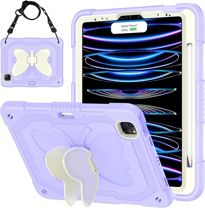 HOGENL for iPad Pro 11 inch Case for Kids Girl with Pencil Holder, for iPad Air 5th/4th Generation Case 10.9" with Butterfly Stand Shoulder Strap Protective Cover for pro 11 4th/3rd/2nd/1st, Purple