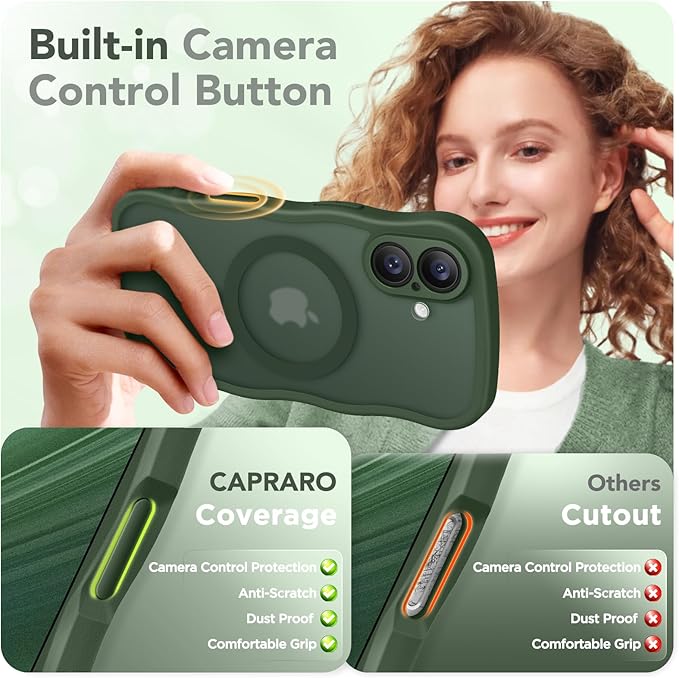 CAPRARO Magnetic for iPhone 17 Case for Women Girls, Upgraded [Full Camera Protection] [Compatible with MagSafe] Cute Wave Translucent Matte Phone Case for iPhone 17, Deep Green