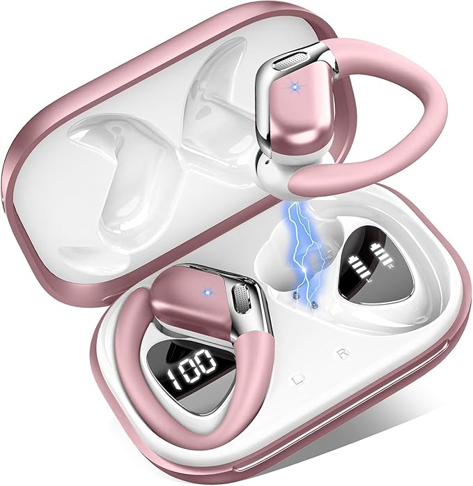 Wireless Earbuds, Bluetooth 5.4 Headphones Sport, 50H Deep Bass Sound Over Ear Buds with 4 ENC Noise Cancelling Mic, Dual LED Display, IP7 Waterproof Earphones with Earhook for Workout/Running/Gym