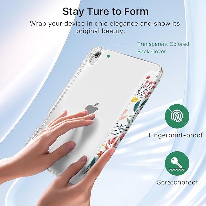 MoKo for iPad Air 11 inch Case (M4/M3/M2) 2026/2025/2024, iPad Air 5th/4th Gen 10.9 inch Case 2022/2020 with Pencil Holder, Slim Light Trifold Cover with Hard PC Translucent Back Shell, Flowers