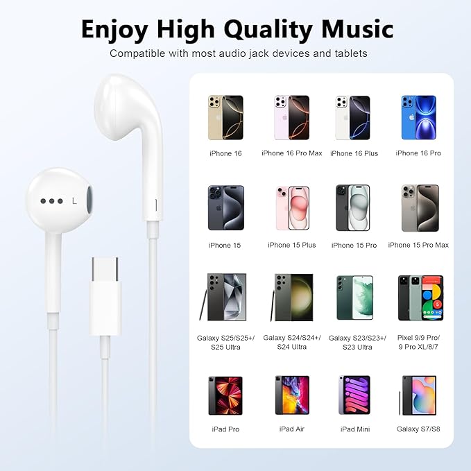 [Apple MFi Certified] USB C Headphones for iPhone 17 16 15, 2 Pack Wired Headphones USB C with Built-in Remote to Control Music, Phone Calls, and Volume for iPhone 17 16 15 Pro Max, Galaxy, Pixel