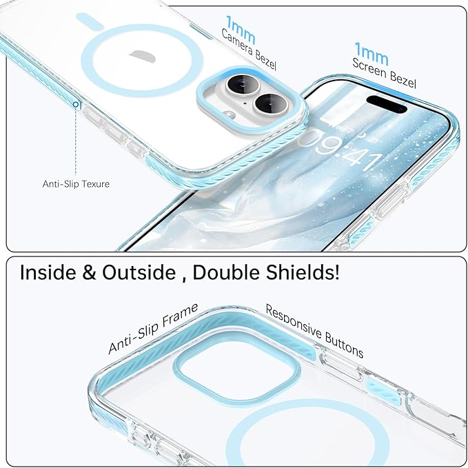 BENTOBEN Magnetic for iPhone 17 6.3" Case, Compatible with Magsafe Military Shockproof Protective Bumper Cute Transparent Slim Anti-Yellowing Women Girl Men Phone Case for iPhone 17 Cover, Clear Blue