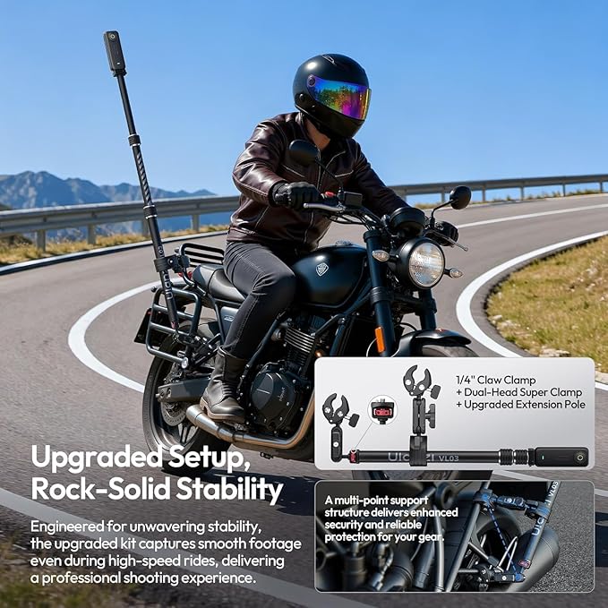 ULANZI Quick-Release Invisible Selfie Stick Motorcycle Bike Mount Kit for Insta360 X5 X4 X3/DJI Osmo 360, VL03 40in Adjustable Extension Pole Clamp Mount for GoPro DJI Insta360 Action Camera