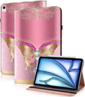Case for iPad Air 13 inch M4 2026/M3 2025/M2 2024 with Pencil Holder & Card Slots & Auto Sleep, Embossed PU Leather Stand Magnetic Shockproof Cover Case for iPad Air 13 - Pink Butterfly