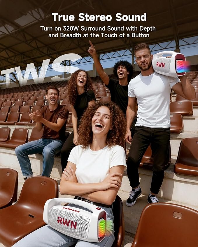 RWN Outdoor Bluetooth Speaker: 160W Loud Sound, IP67 Waterproof with 24H Playtime, Fast Charge, Bass, TWS, Portable Wireless Speakers with Light Show for House, Party, Projector, Beach (RED+White)