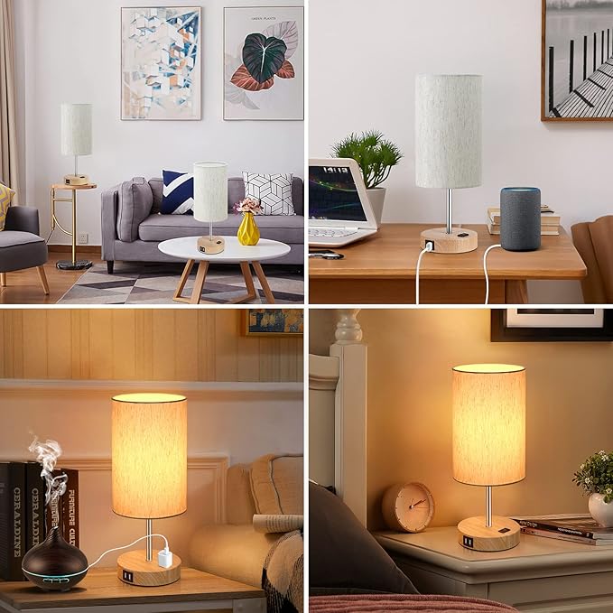 Table Lamps Set of 2 Touch Control, 2 USB Charging Ports&AC Outlet, 3-Way Dimmable Bedside Nightstand Lamp with Flaxen Fabric Shade and Wooden Base for Bedroom, 2-Pack A19 LED Bulbs Included