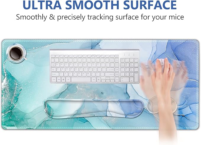 DINKY Keyboard Mouse Pad Set, Large Gaming Mousepad + Memory Foam Ergonomic Keyboard Wrist Rest Support, Easy Typing Pain Relief, 4Pcs (35.4" x 15.7") Extended Desk Mat-Blue Marble