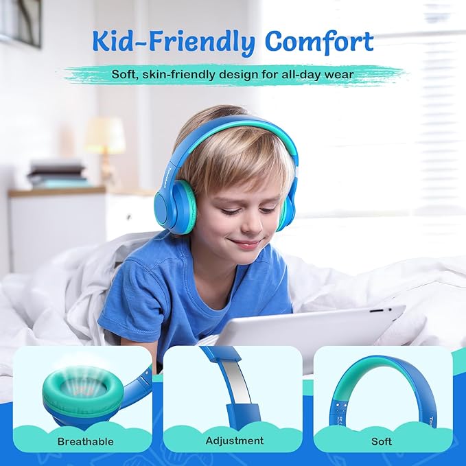 TONOSHARK Kids Bluetooth Headphones with Active Noise Cancelling, Wireless Over-Ear Headphones for Boys Girls, Foldable, Adjustable, 40H Playtime, Mic for School Travel(Blue)