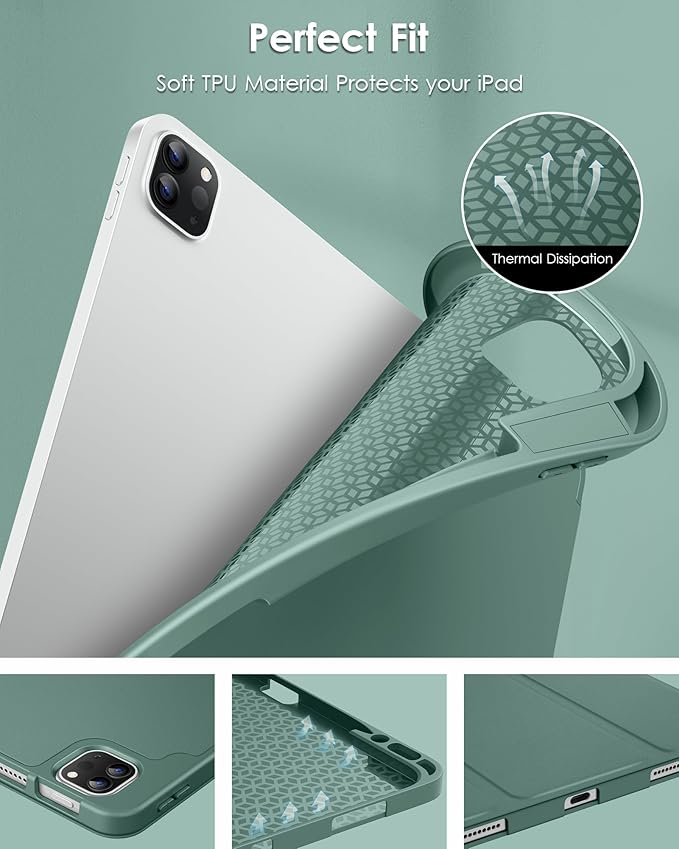 DTTO for iPad Air 13 Inch Case M4/M3/M2 2026/2025/2024, iPad Pro 12.9 Inch Case (6th/5th/4th/3rd Gen), Smart Slim Trifold Stand Soft Cover with Pencil Holder, Midnight Green