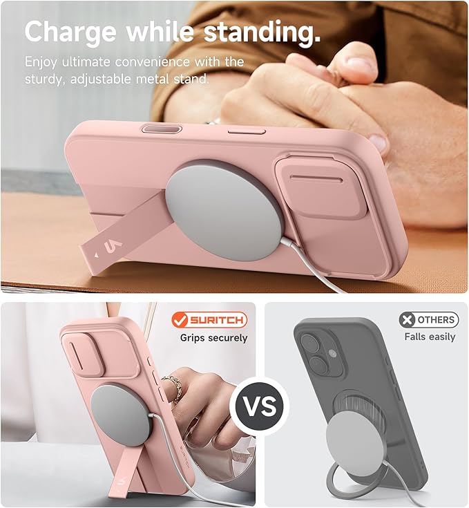 SURITCH for iPhone 17 Case with Camera Control Cover, Camera Slide Cover and Adjustable Kickstand, Compatible with MagSafe, Shockproof Bumper Protective Cases 6.3 Inch, Pink