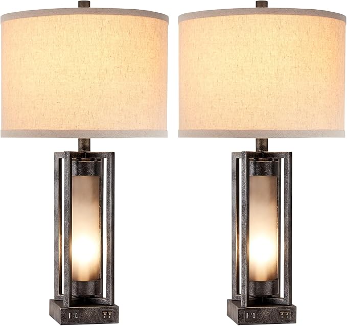 Set of 2 Industrial Table Lamps for Living Room with USB C+A, Vintage End Table Lamp for Bedroom with Gray Nightlight, Farmhouse Rustic Desk Lamp for Bedside, 4 Bulbs Included (Iron Gray)