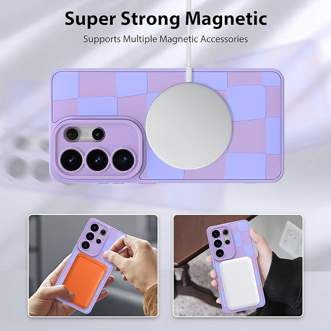 KANGHAR Compatible with Samsung Galaxy S26 Ultra Case, Support for MagSafe, Silicone Checkered Cute Pattern, Wristband Kickstand Camera Protection Soft Slim Cover for Girls Women -Purple