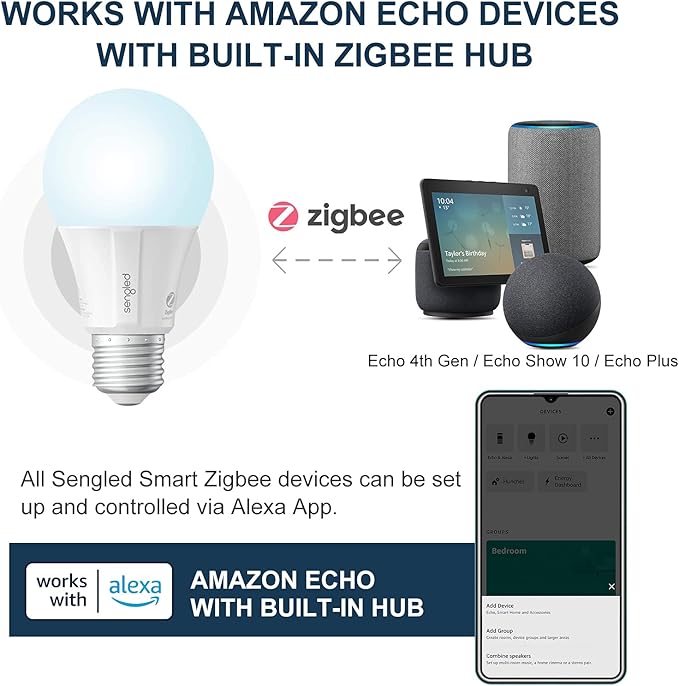 Sengled Zigbee Smart Light Bulbs, Smart Hub Required, Works with SmartThings and Echo with Built-in Hub, Voice Control with Alexa and Google Home, Daylight 60W Equivalent A19 Alexa Light Bulb, 6 Pack