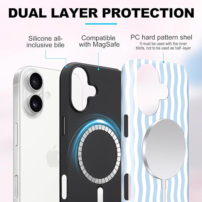 Magnetic for iPhone 16 Case Cute Wavy Stripes Phone Case, Shockproof Slim TPU and Hard PC Protective Phone Cover Compatible with MagSafe Designed for Women Girls, Blue