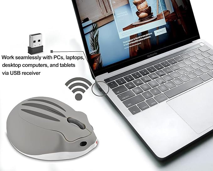 Wireless Mouse Cute Hamster Shape Silent Click Portable Compact Optical 1200DPI USB Cordless Mice for PC Laptop Computer Notebook MacBook Kids Girl Boy Men Women Adults School Office Work Gift (Gray)